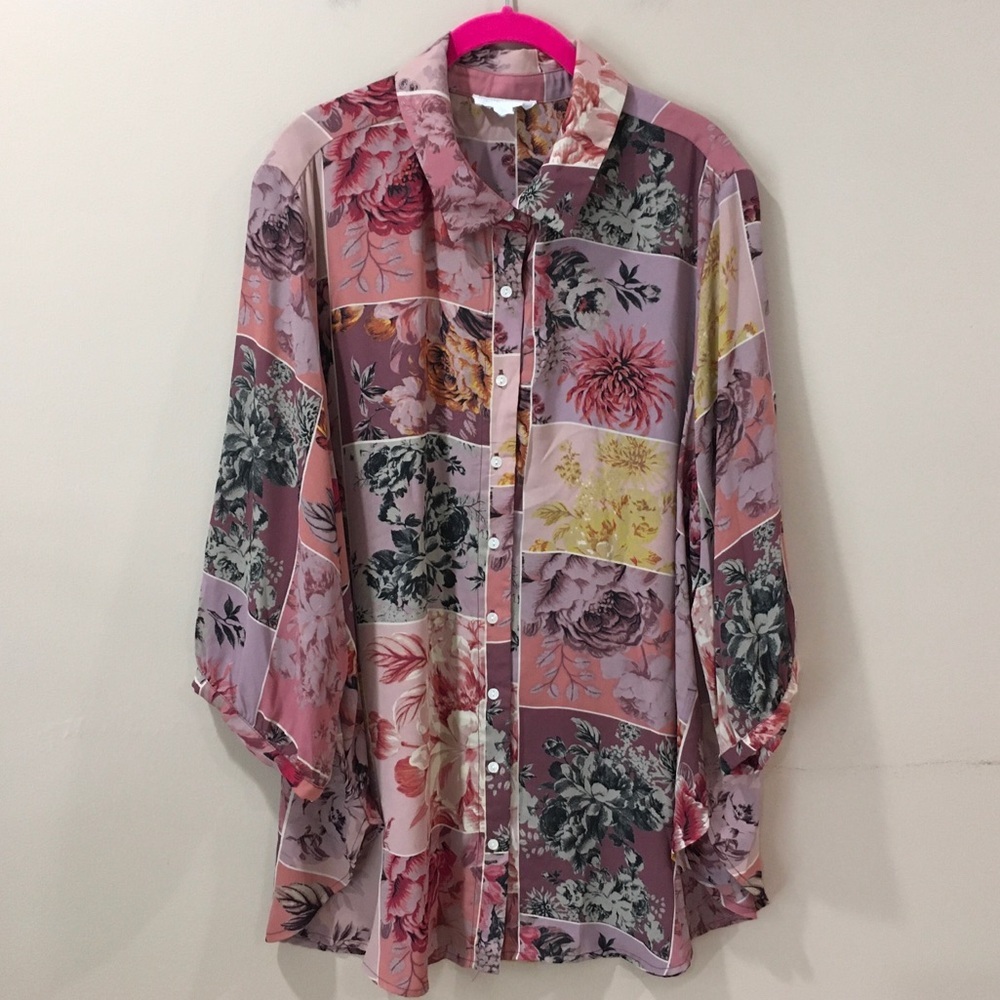 Cynthia Rowley Women's Plus 2X Multi Floral Patchwork Tunic Blouse Cottagecore